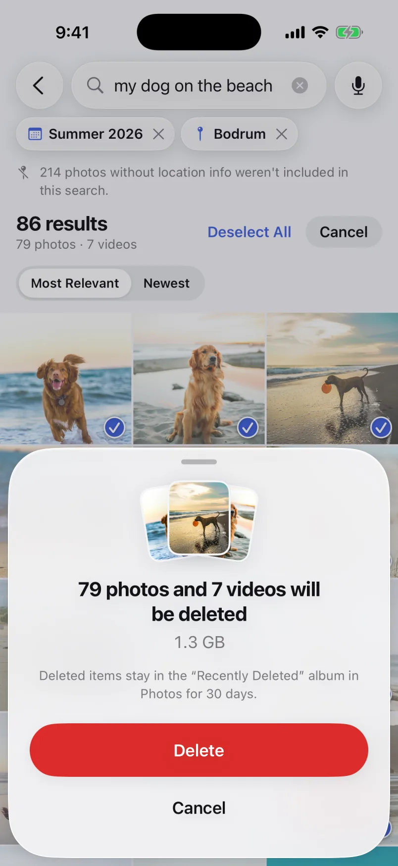 Delete summary sheet: 79 photos and 7 videos will be deleted, 1.3 GB, kept in Recently Deleted for 30 days.