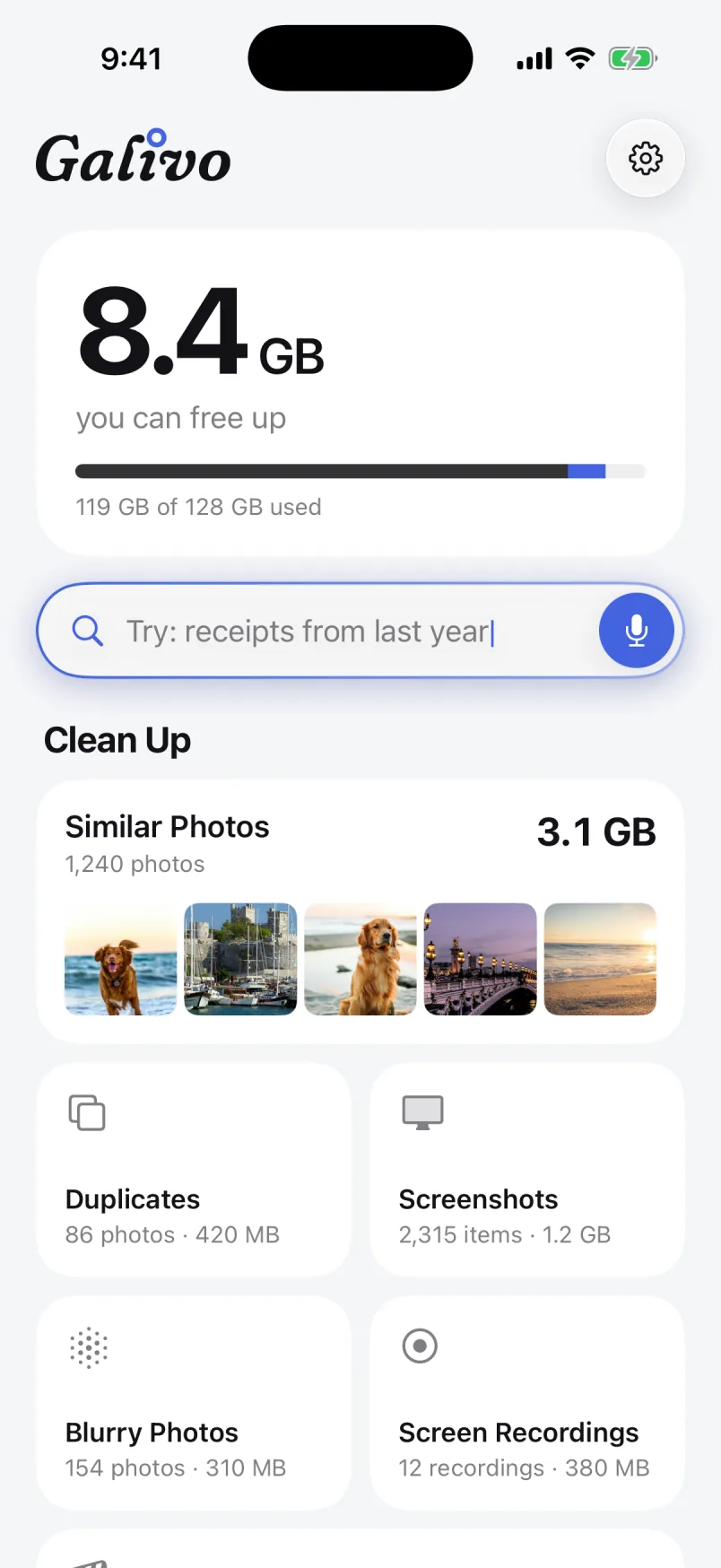 Galivo Home screen: 8.4 GB you can free up, a search field, and cleanup lists such as Similar Photos, Duplicates and Screenshots.