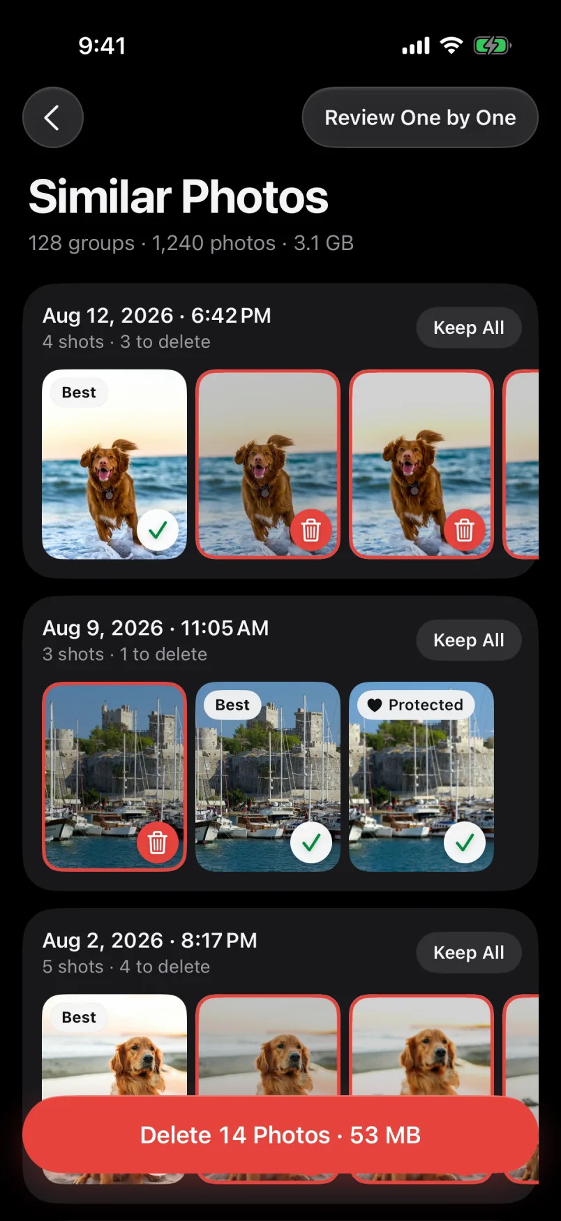 Similar Photos screen: groups of near-identical dog photos, the best one marked in each group, and a button to delete 14 photos, 53 MB.