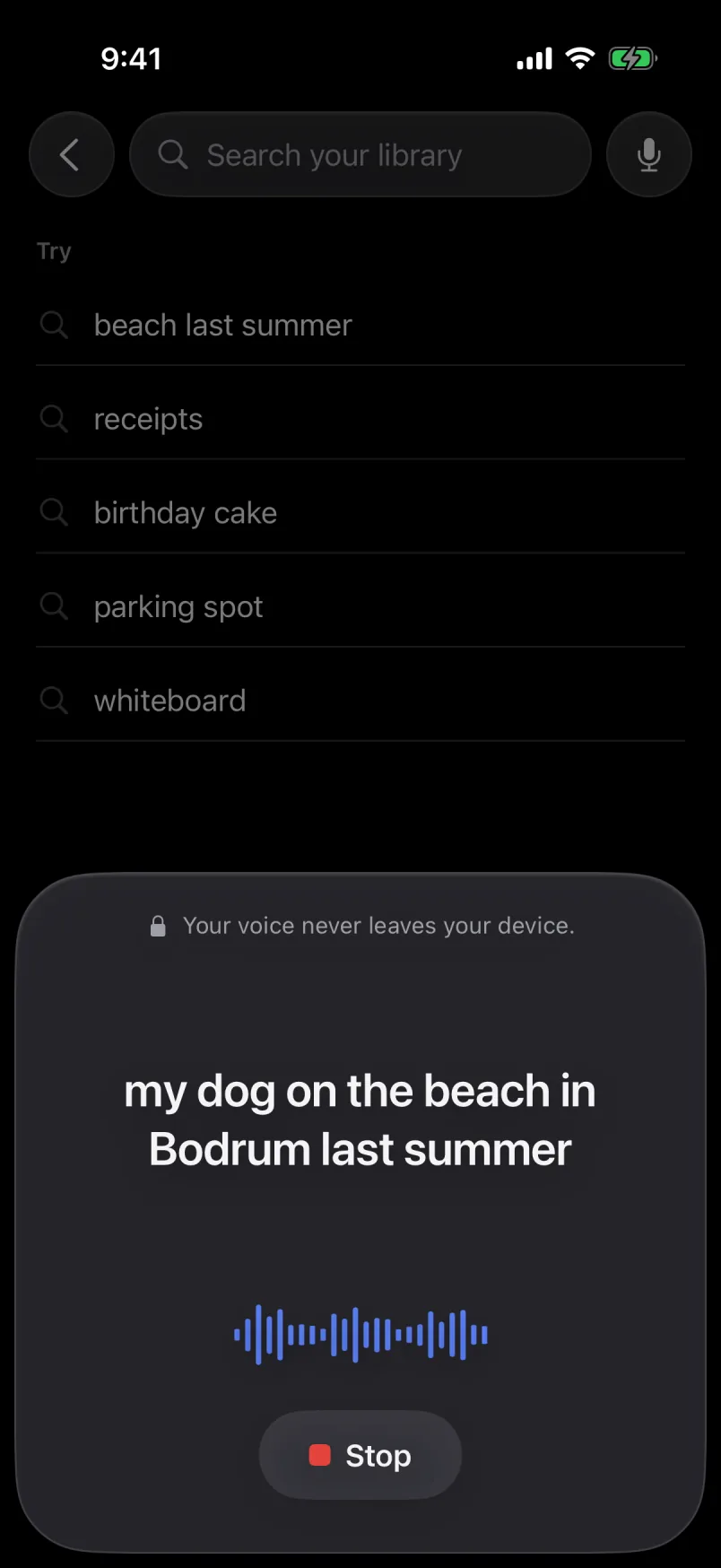 Voice search in dark mode: the spoken sentence appears as text while a waveform shows Galivo listening.